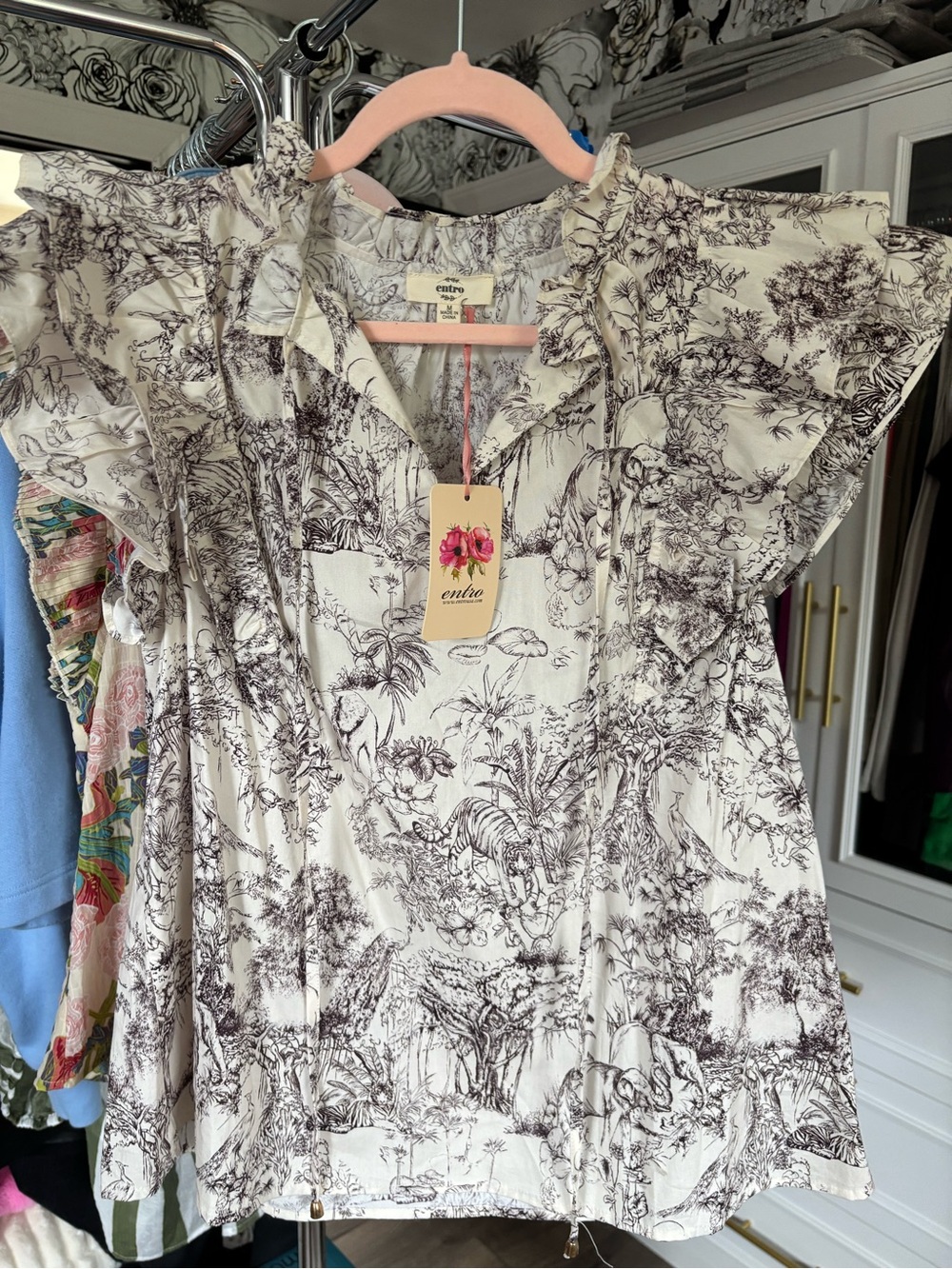 entro Cream Blouse with Brown Scenic Toile Print and Ruffle Sleeves